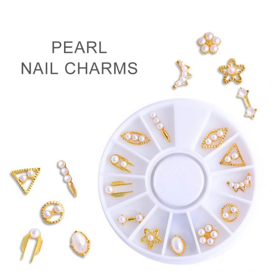 12 Pieces Pearl Gold-Tone Nail Jewelry Nail Charms