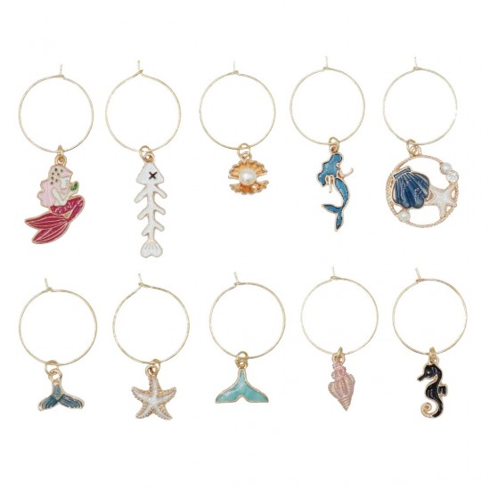 Wine Glass Charms Tags Starfish Seahorse Mermaid Pearl 10 Pieces
