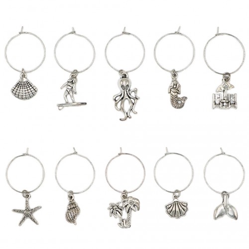 Wine Glass Charms Tags Palm Shell Starfish Fishtail Octopus Mermaid 10 Pieces