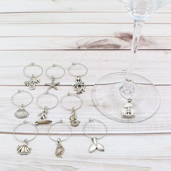 Wine Glass Charms Tags Palm Shell Starfish Fishtail Octopus Mermaid 10 Pieces
